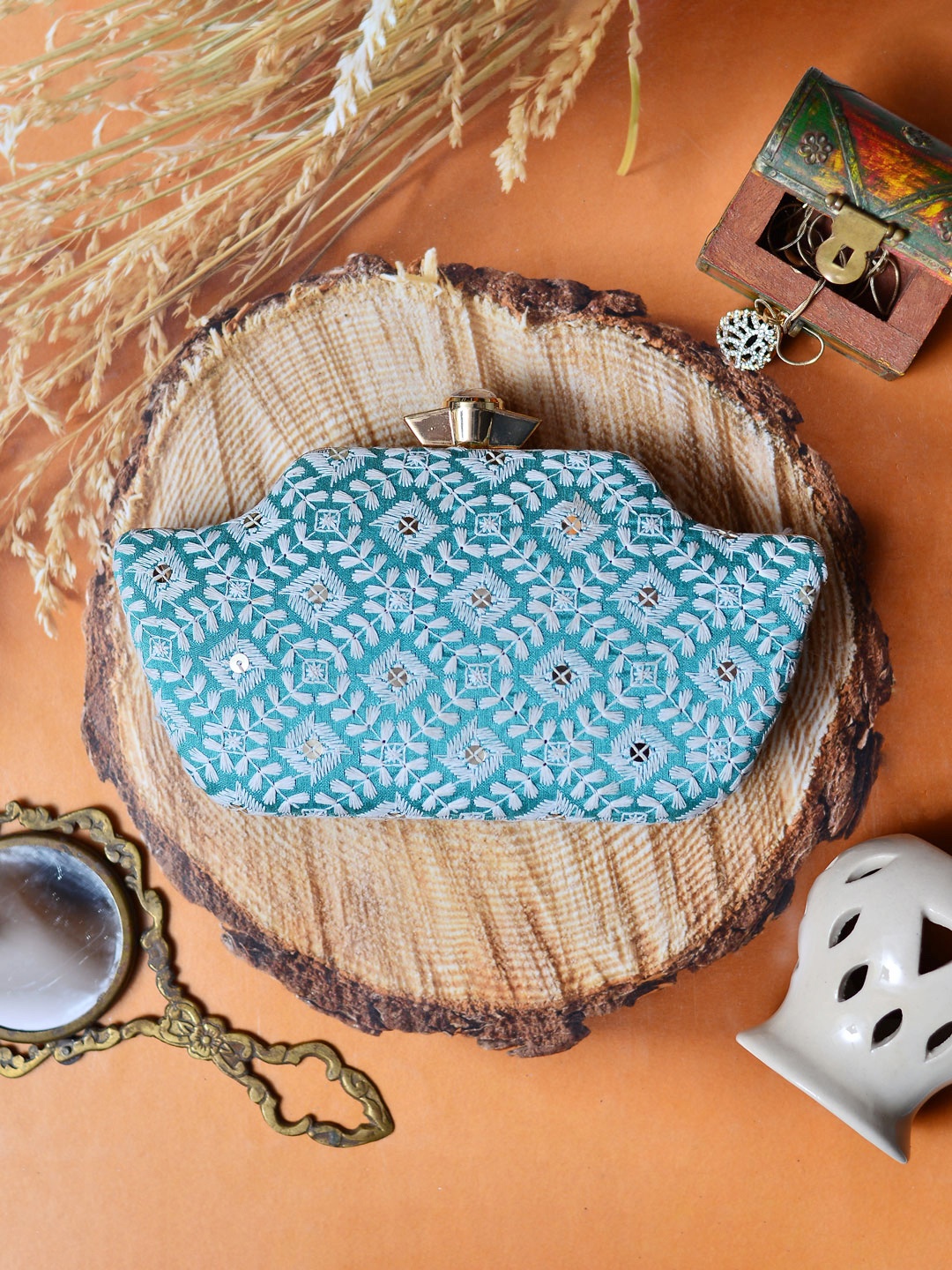 

ARTKLIM Turquoise Blue & White Embroidered Box Clutch