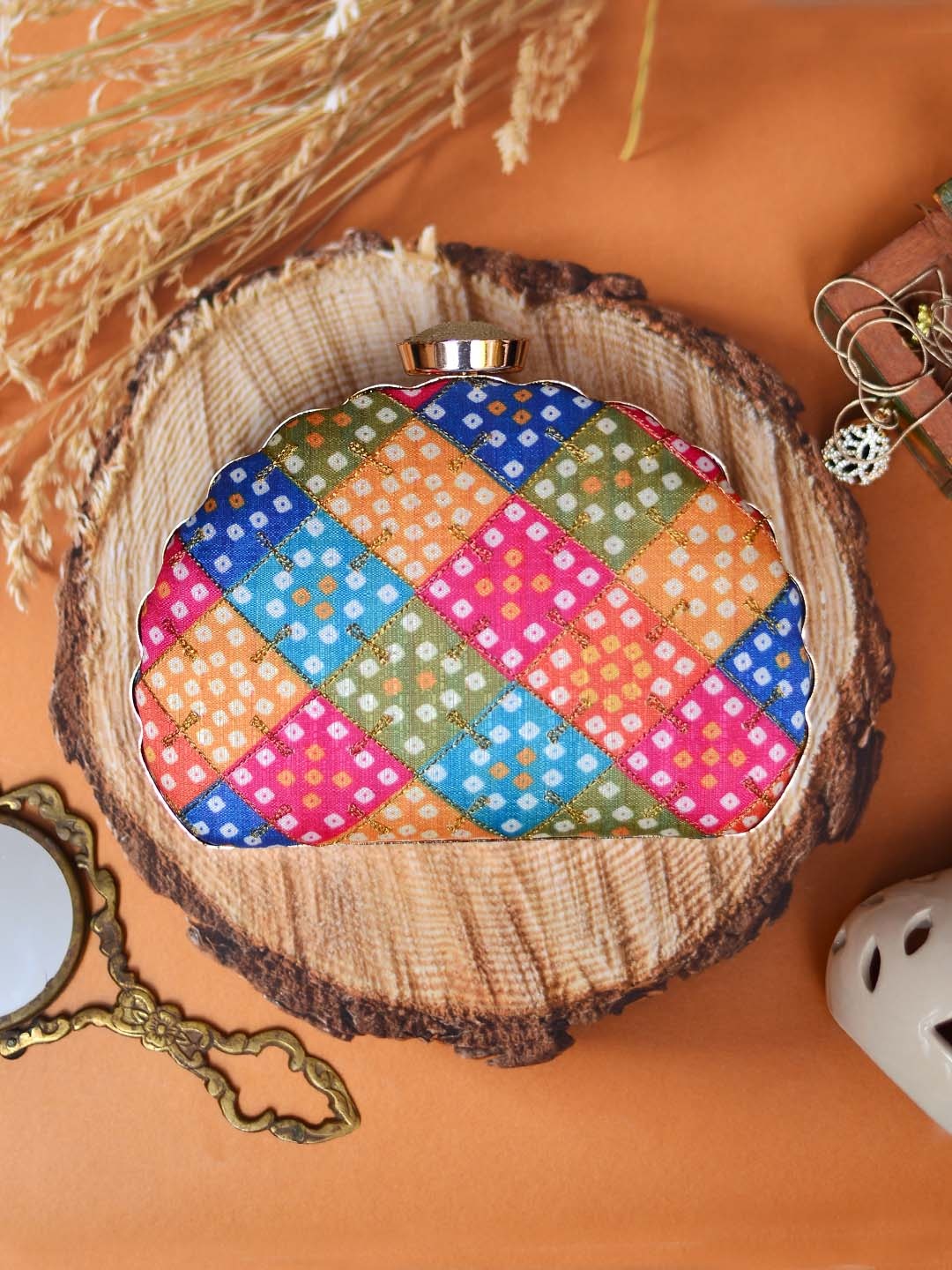 

ARTKLIM Pink & Yellow Embroidered Box Clutch