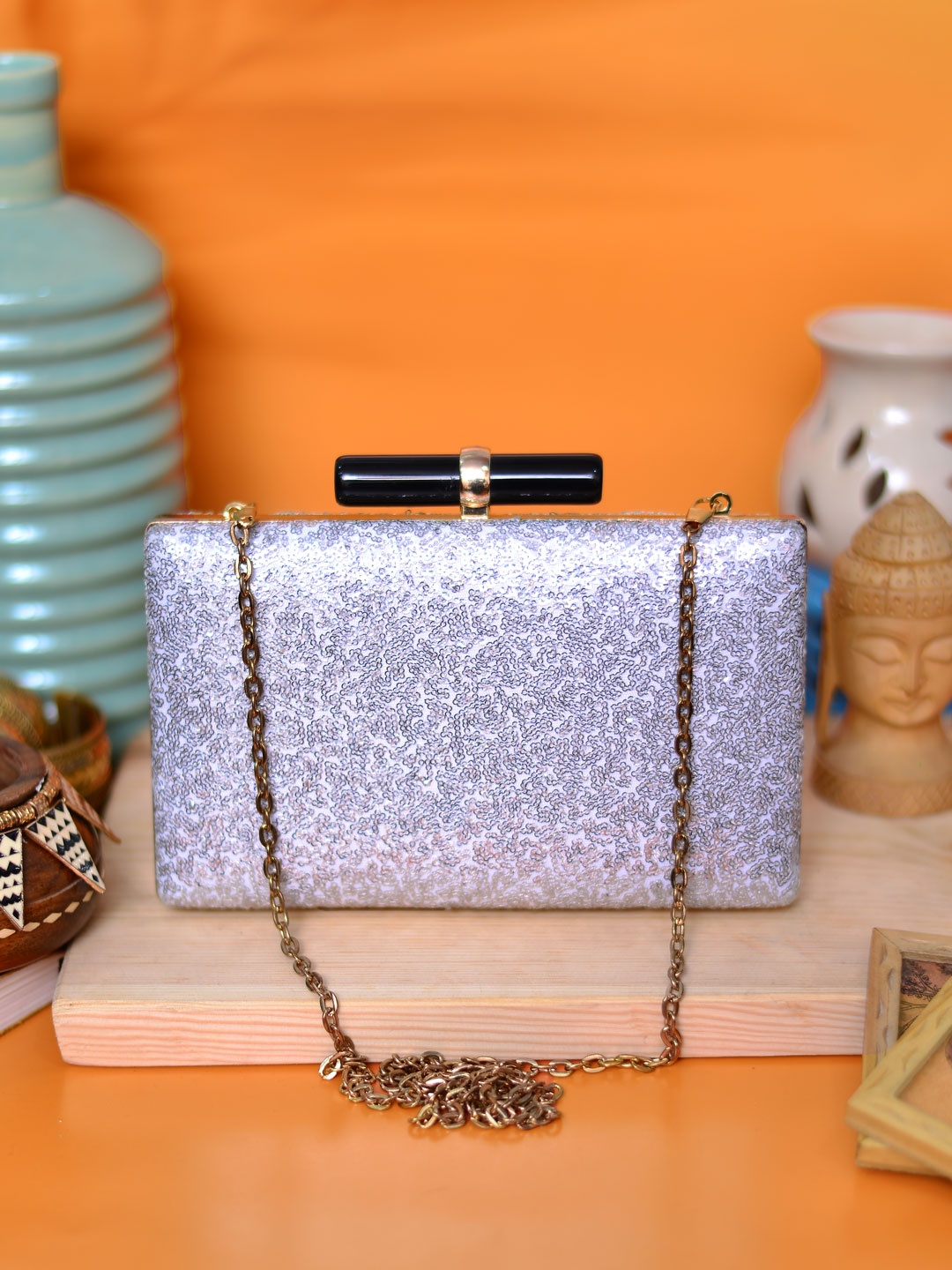 

ARTKLIM Silver-Toned Embellished Box Clutch