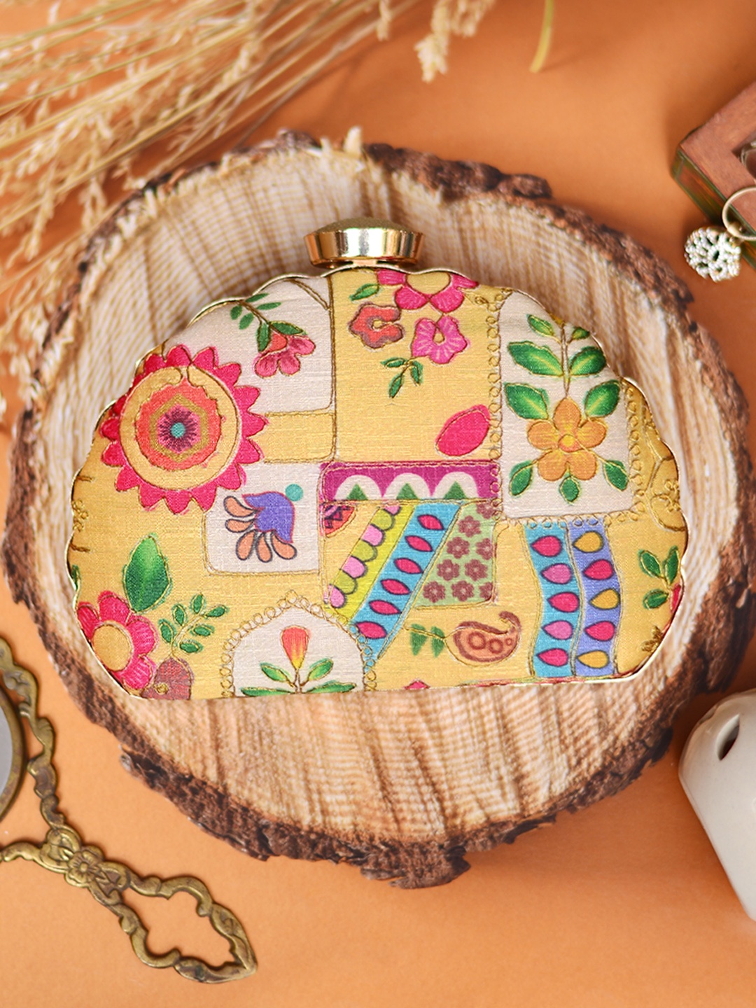 

ARTKLIM Yellow & Fuchsia Embroidered Box Clutch