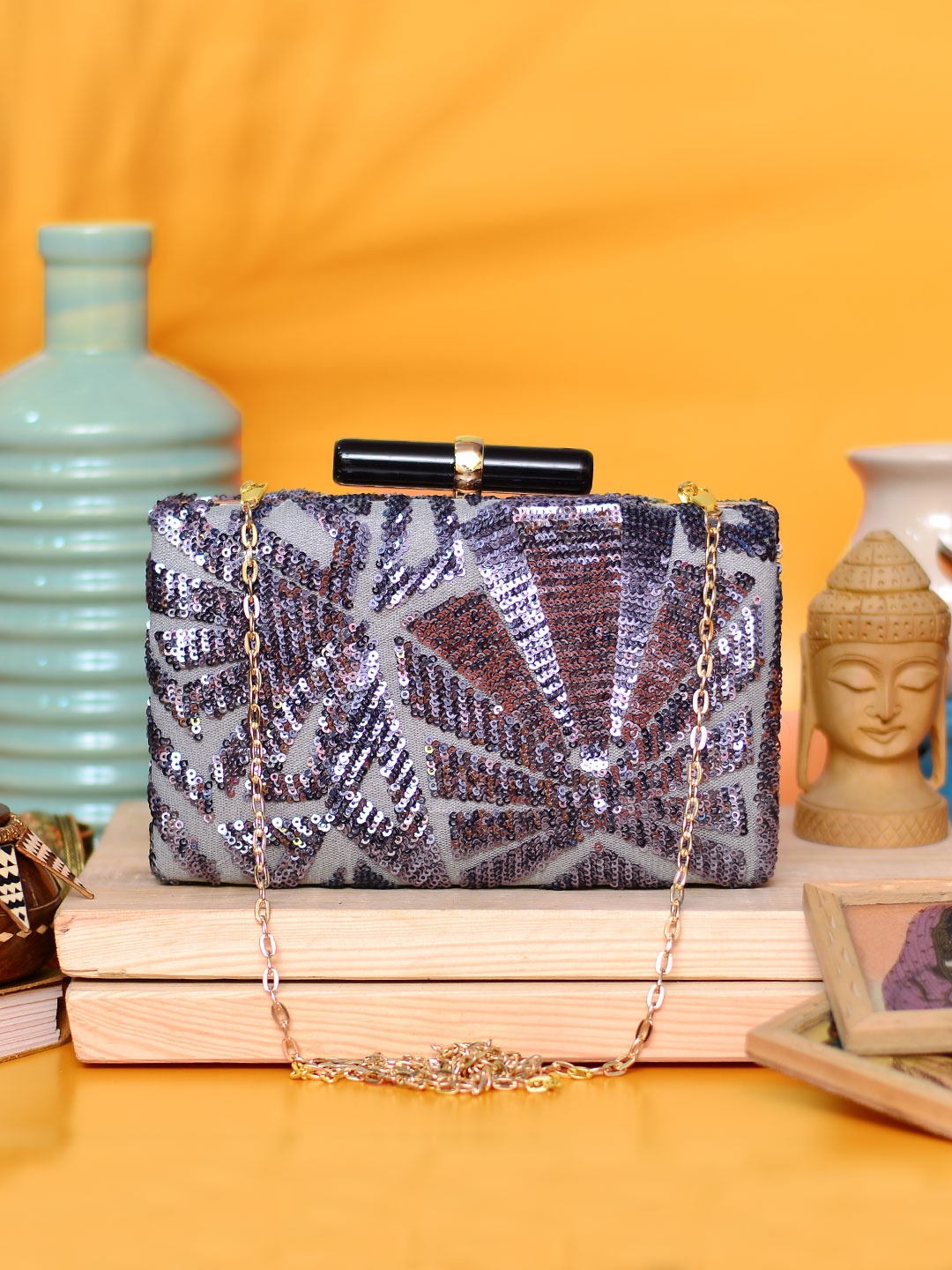 

ARTKLIM Women Grey & Blue Embellished Box Clutch