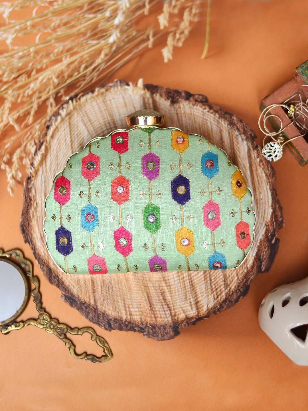 ARTKLIM Green & Red Embroidered Box Clutch