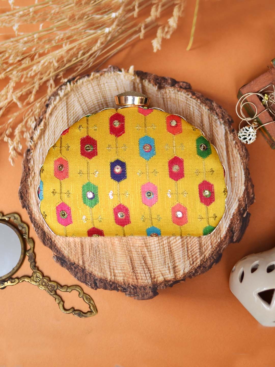 ARTKLIM Yellow & Green Embroidered Embellished Box Clutch