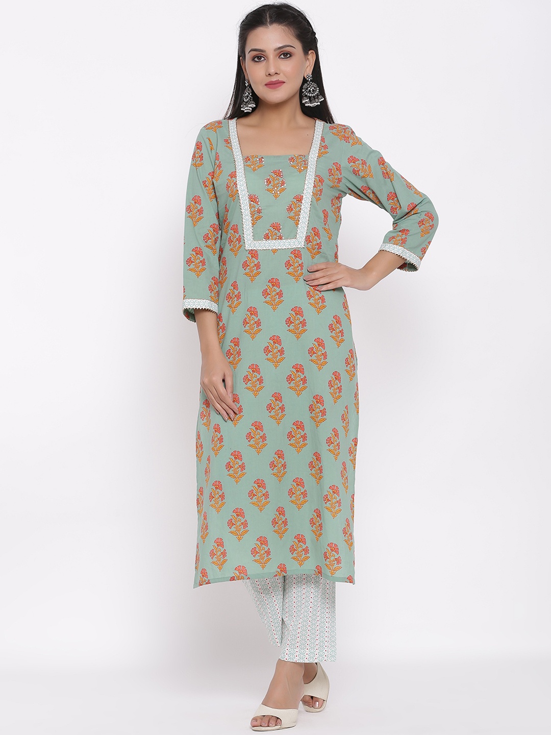 

DURVI Women Green Ethnic Motifs Printed Pure Cotton Kurta with Palazzos