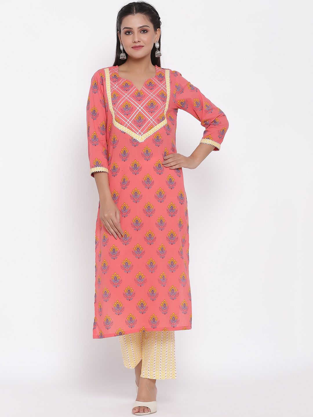 

DURVI Women Pink Ethnic Motifs Printed Pure Cotton Kurti with Palazzos