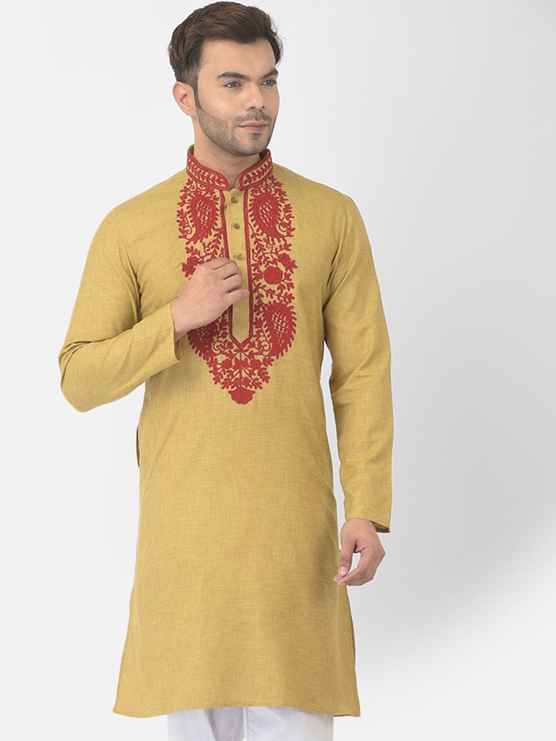 

DEYANN Men Green Floral Embroidered Thread Work Cotton Kurta