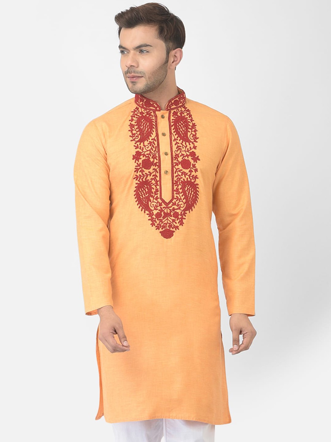 

DEYANN Men Yellow Ethnic Motifs Yoke Design Cotton Kurta