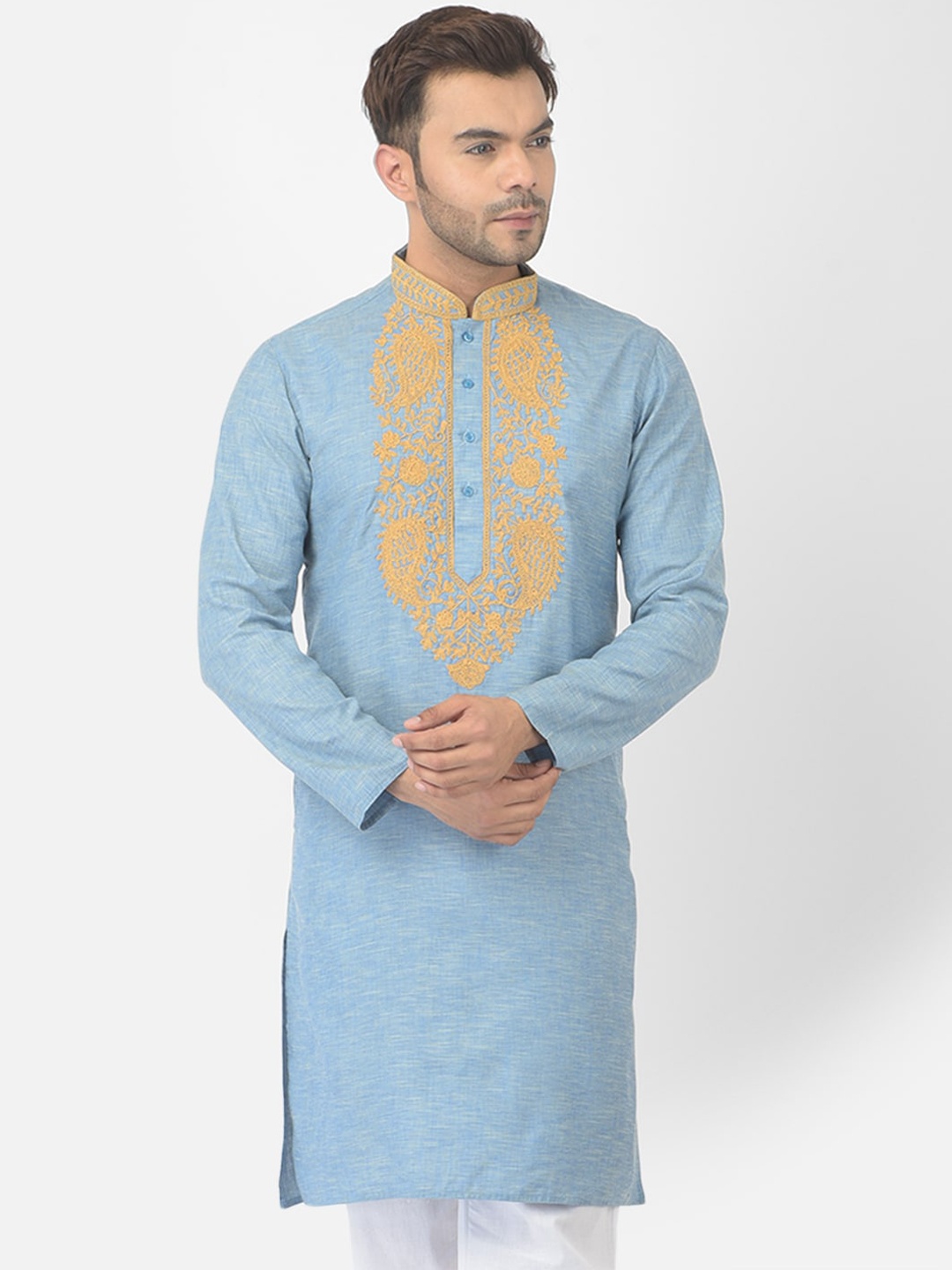 

DEYANN Men Turquoise Blue & Yellow Ethnic Motifs Yoke Design Thread Work Kurta