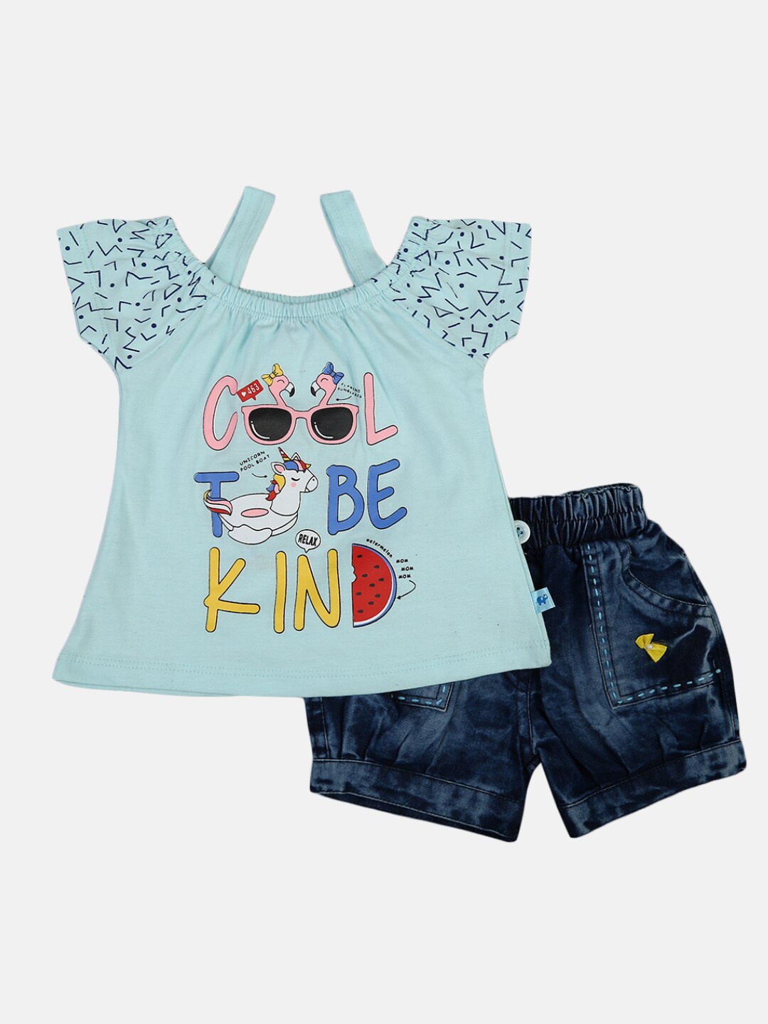 

V-Mart Unisex Kids Blue & Pink Printed Top with Denim Shorts