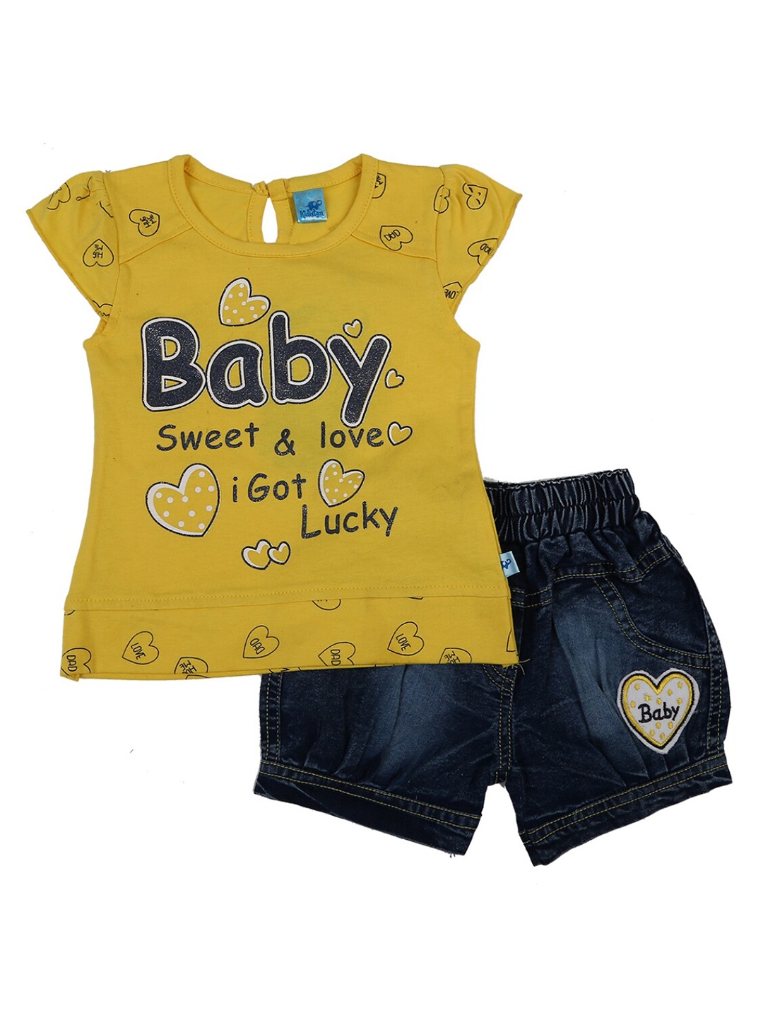 

V-Mart Kids Yellow & Navy Blue Printed Pure Cotton T-shirt with Shorts