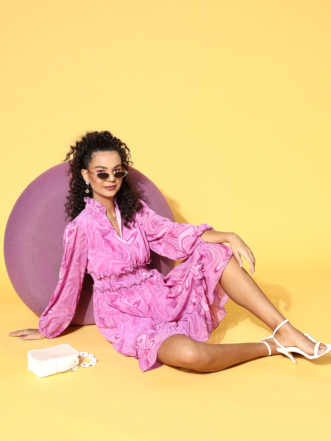 

plusS Pink Printed Smocked Fit & Flare Dress