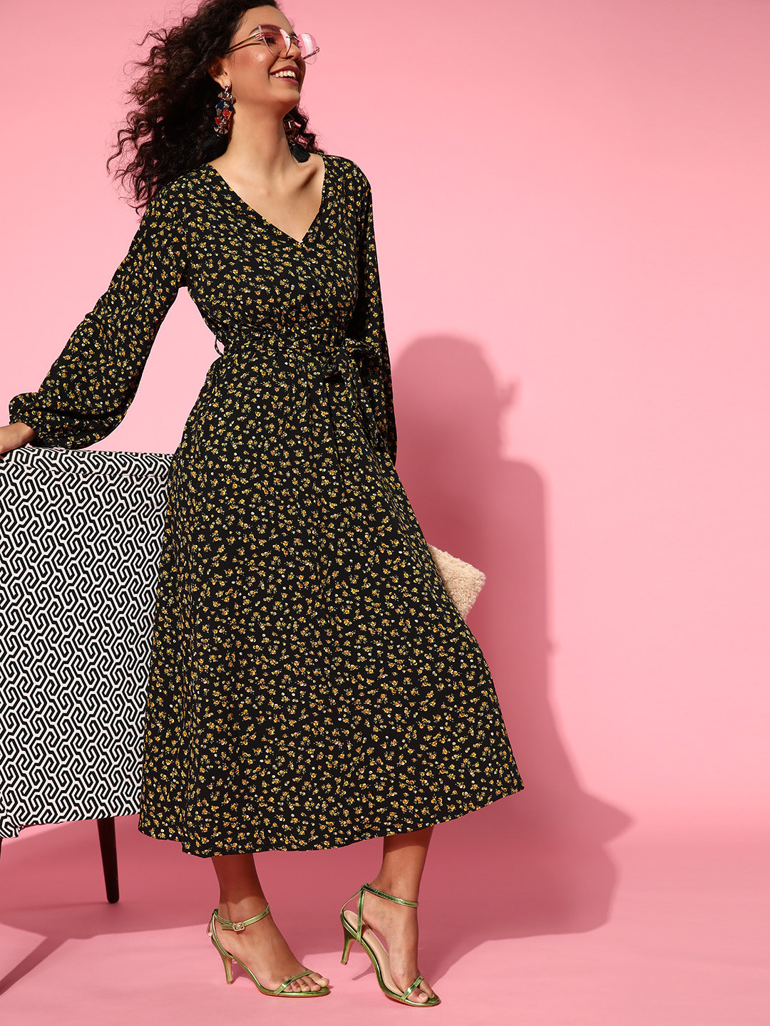 

plusS Black & Olive Green Floral Midi Dress