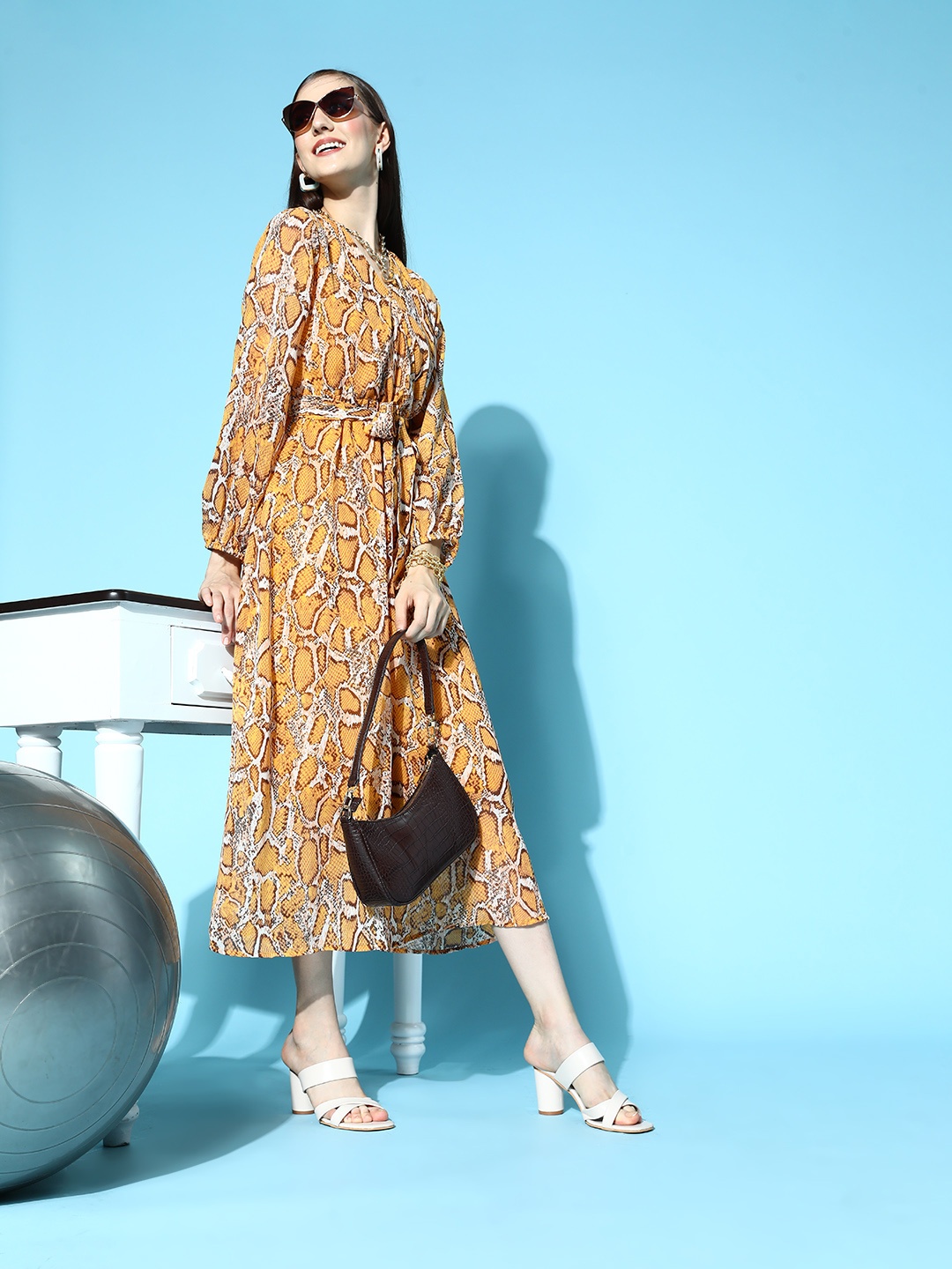 

plusS Women Mustard Animal Printed Volume Play Dress