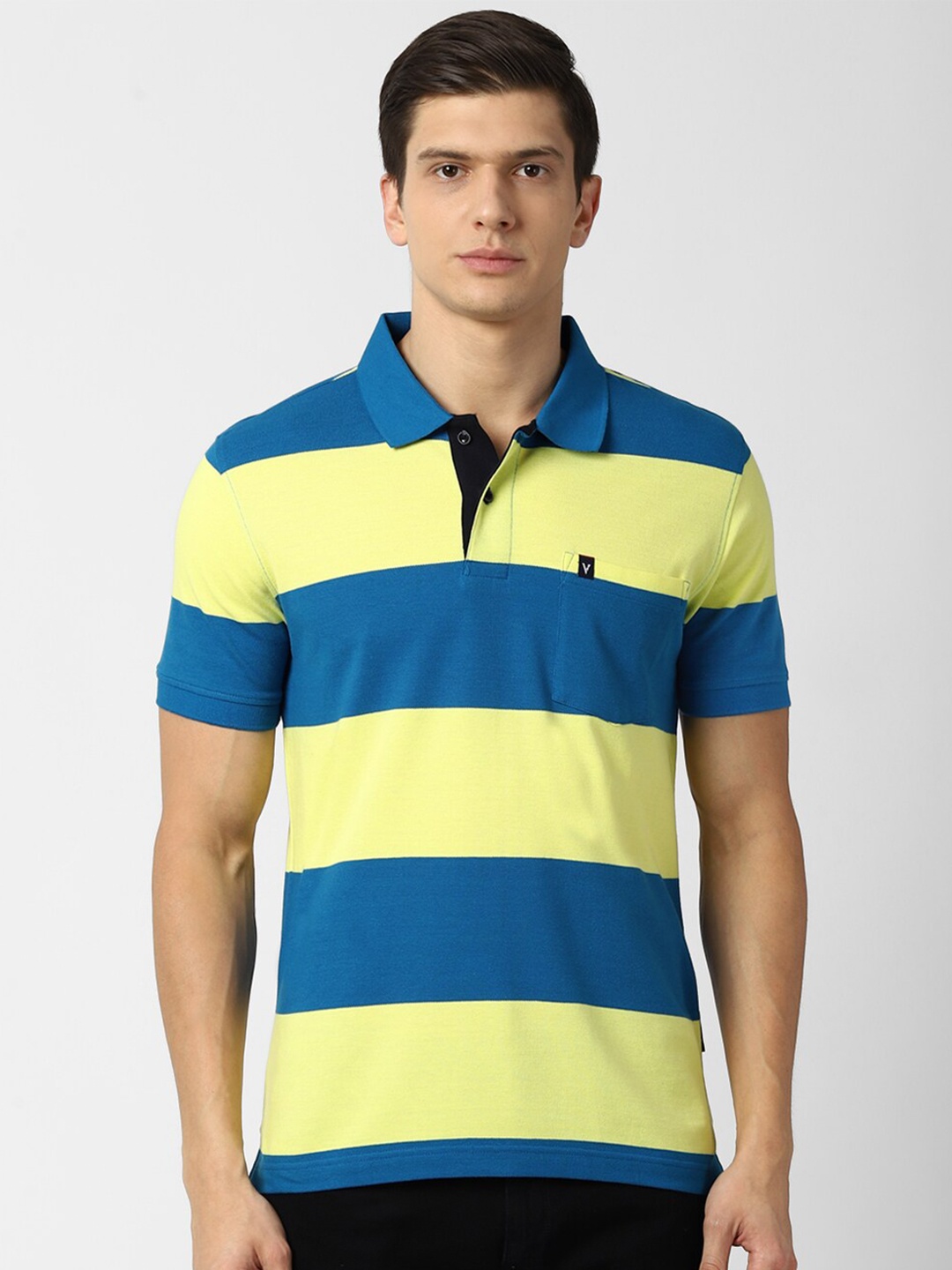

Van Heusen Sport Men Blue & Lime Green Striped Polo Collar T-shirt