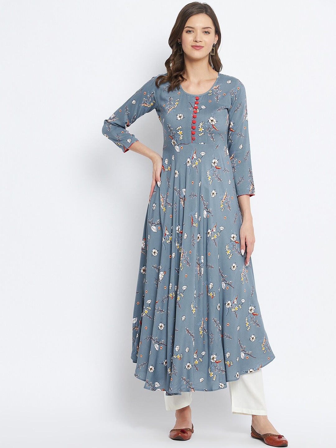 Tissu Women Grey Floral Printed Anarkali Kurta
