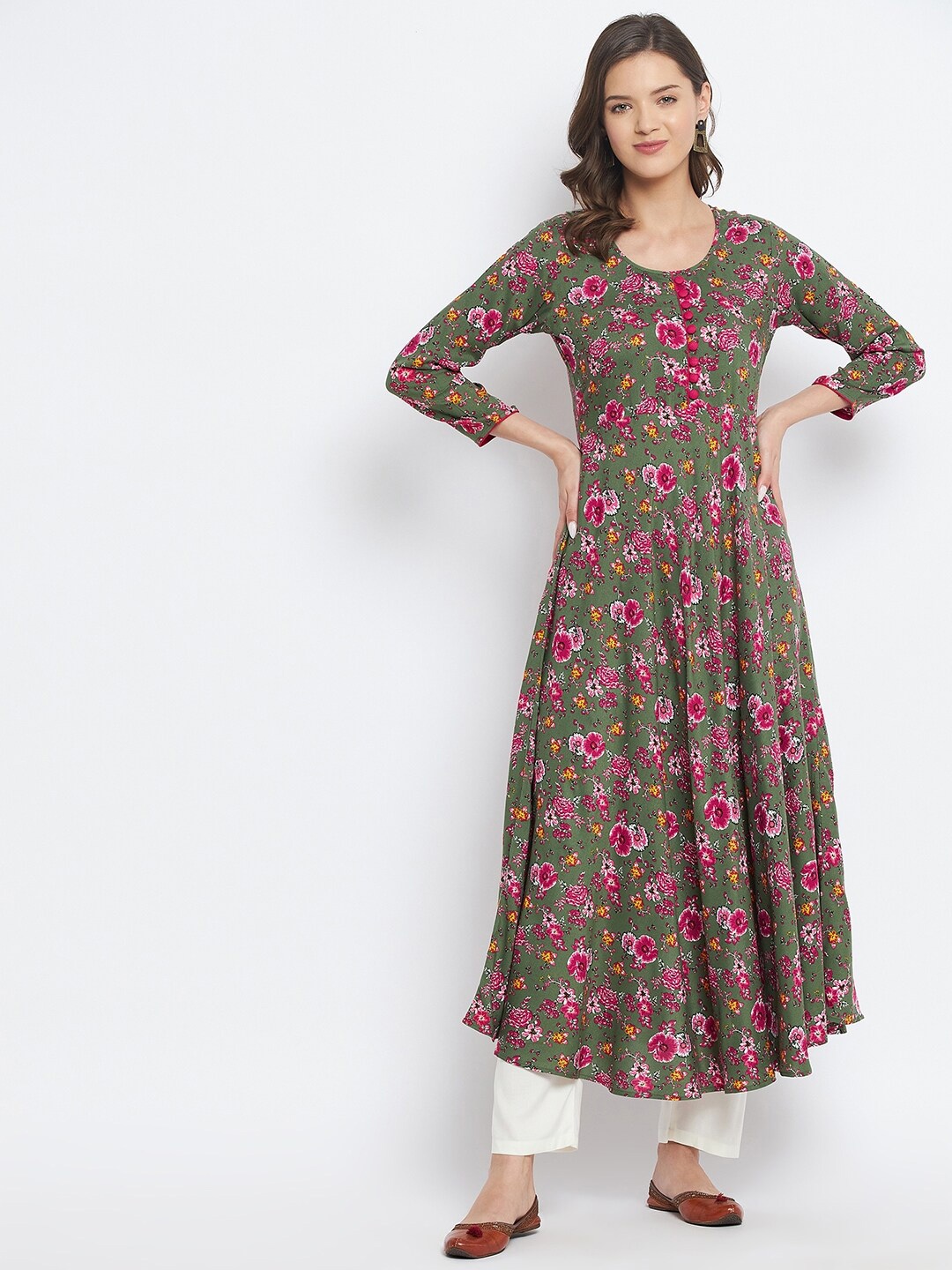 

Tissu Women Green Floral Printed Anarkali Kurta