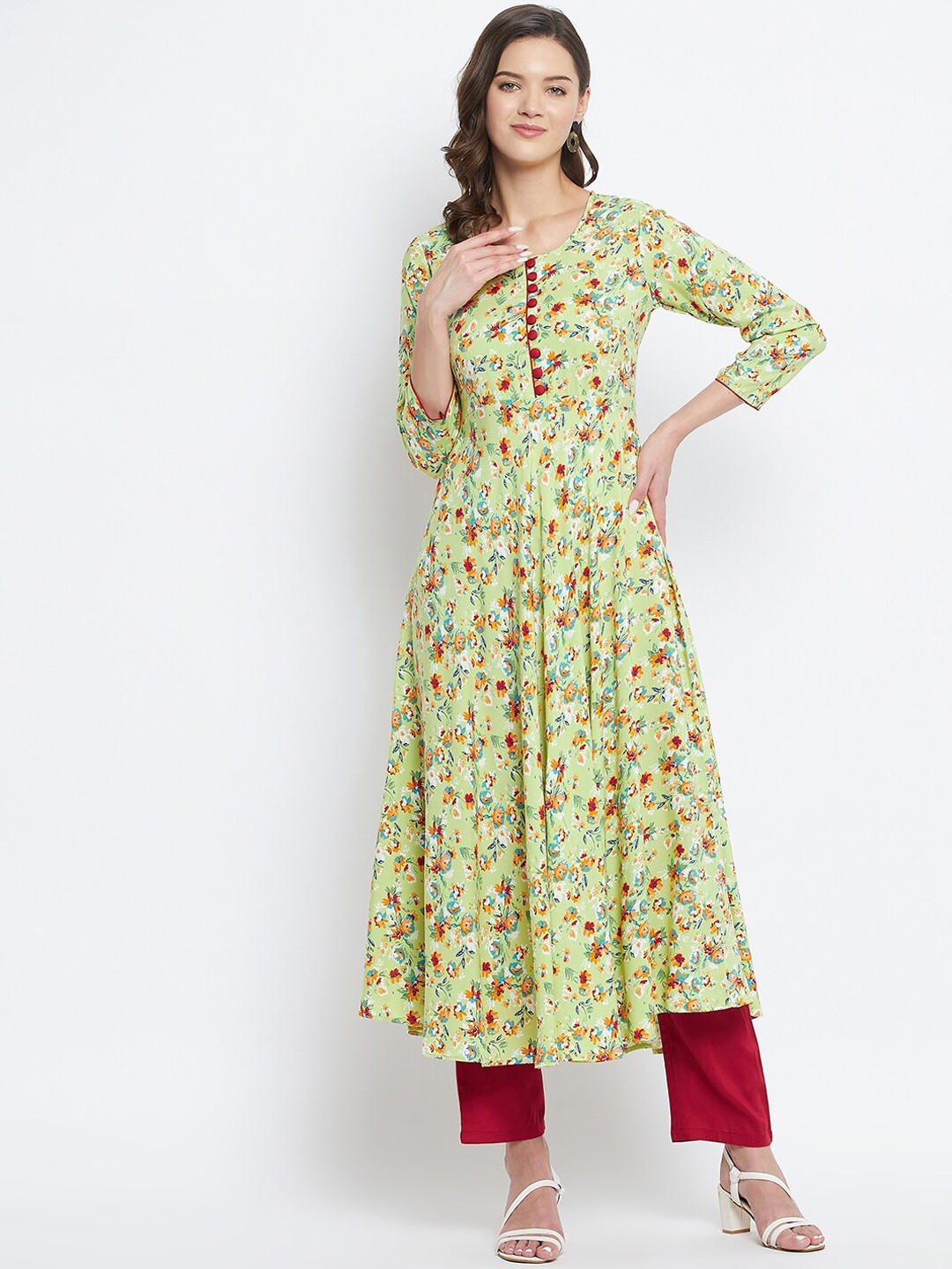 

Tissu Women Green & Maroon Floral Printed Kurta