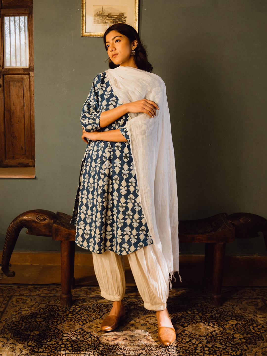 

W The Folksong Collection Women Blue Ethnic Motifs Dyed Pure Cotton A-line Kurta