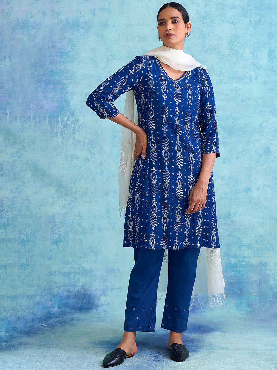 

W The Folksong Collection Women Blue Printed Kurta