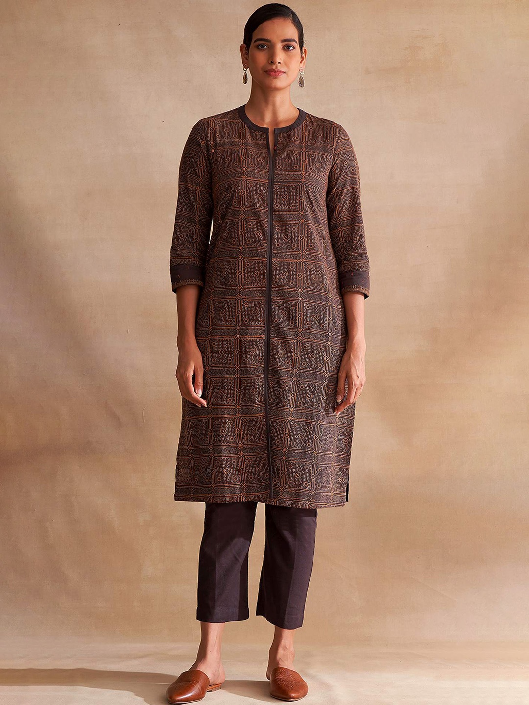 

W The Folksong Collection Women Brown Ethnic Motifs Printed Pure Cotton Anarkali Kurta