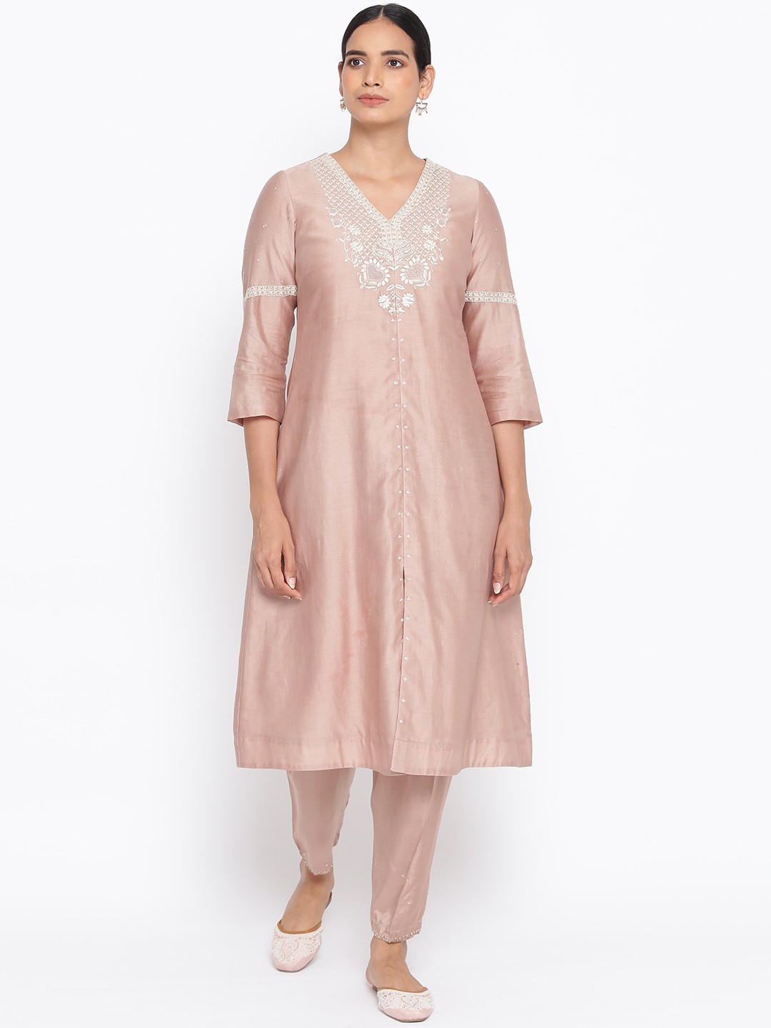 

W The Folksong Collection Women Pink Ethnic Motifs Yoke Design Chikankari Kurta