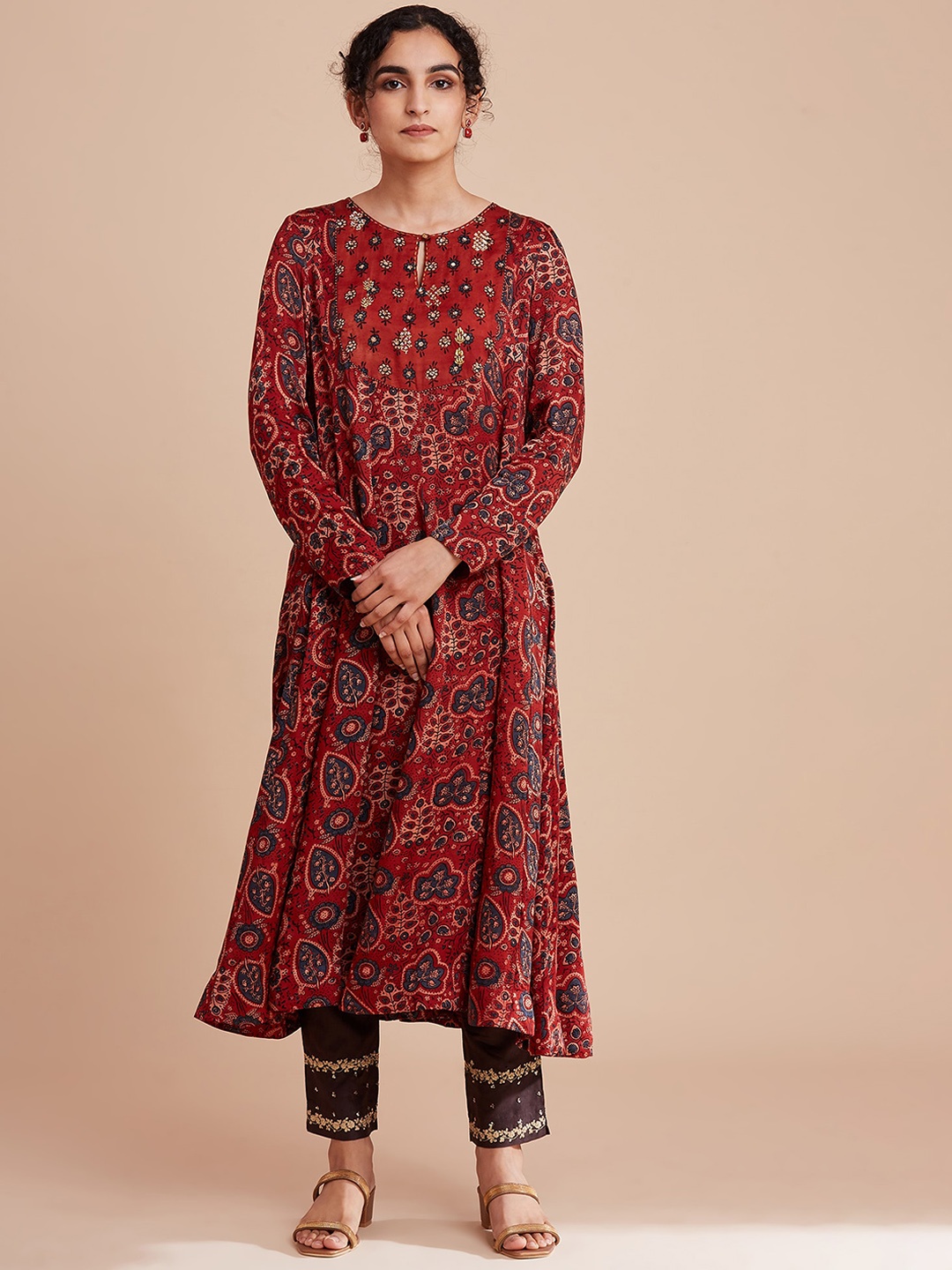 

W The Folksong Collection Women Red Ethnic Motifs Printed Keyhole Neck Anarkali Kurta