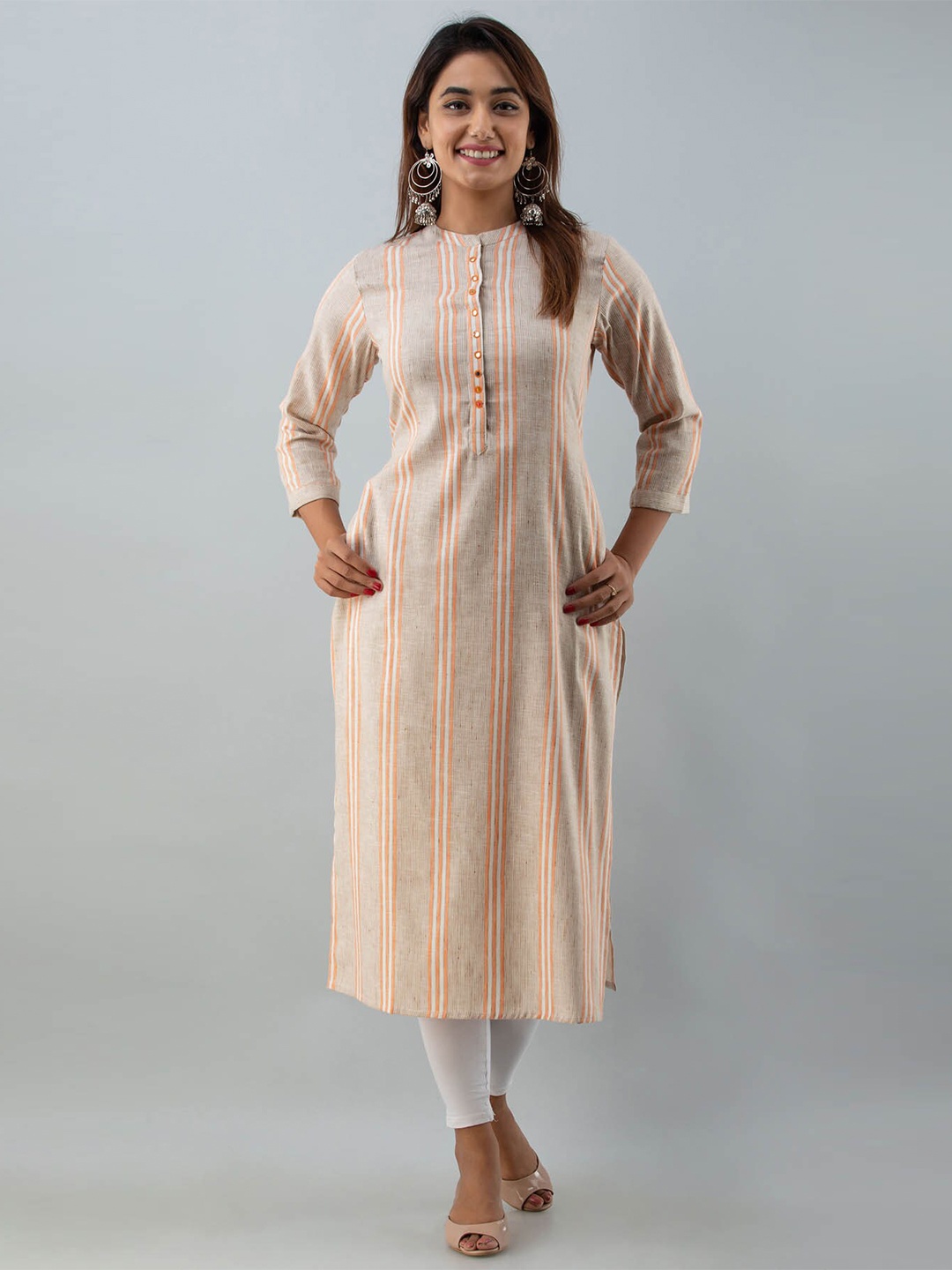 

FASHION DWAR Women Grey & Orange Striped Pure Cotton Kurta