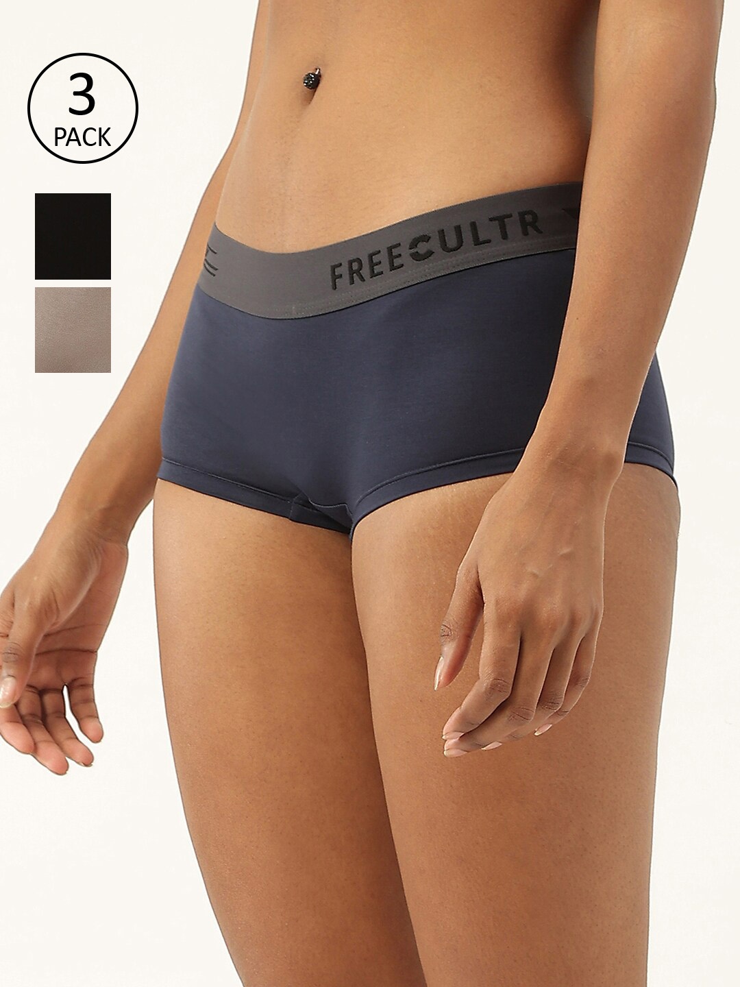 

FREECULTR Women Pack of 3 Black & Blue Anti Bacterial Micro Modal Boxer Briefs