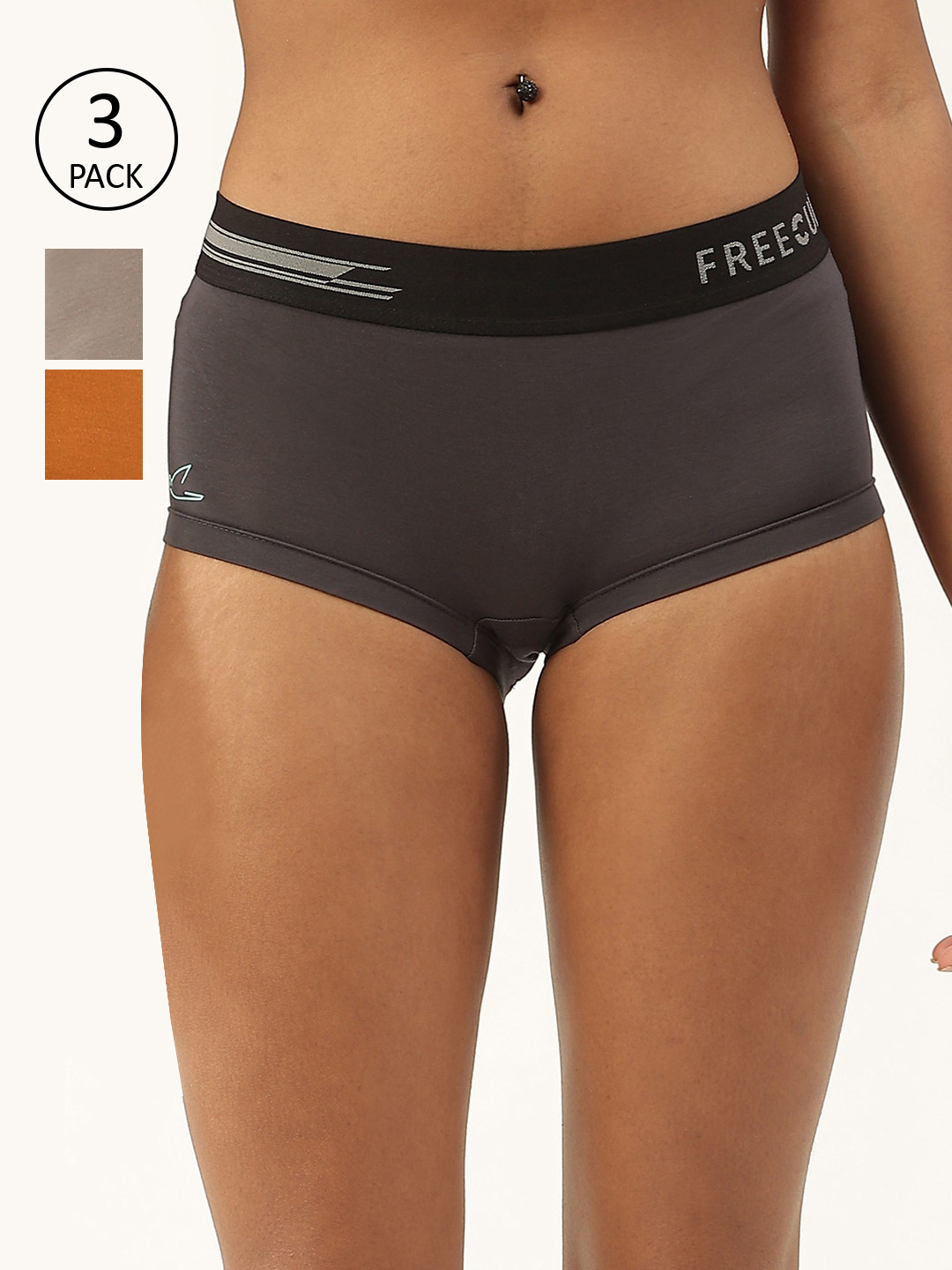

FREECULTR Women Pack of 3 Grey & Yellow Anti Bacterial Micro Modal Boxer Briefs