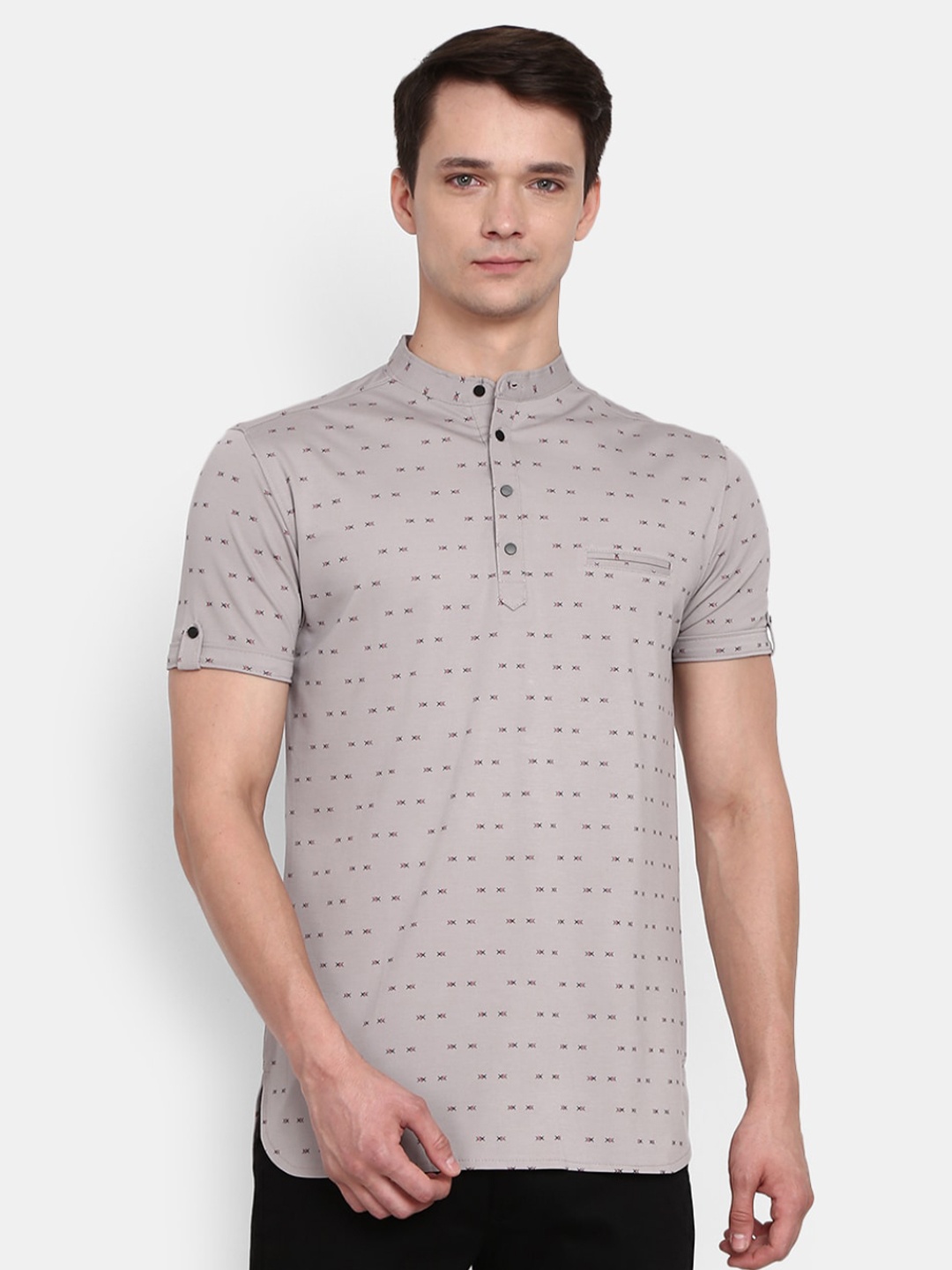 

V-Mart Men Grey Printed Henley Neck Cotton T-shirt