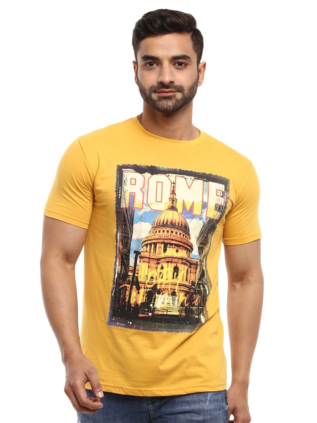 

V-Mart Men Mustard Yellow Printed T-shirt