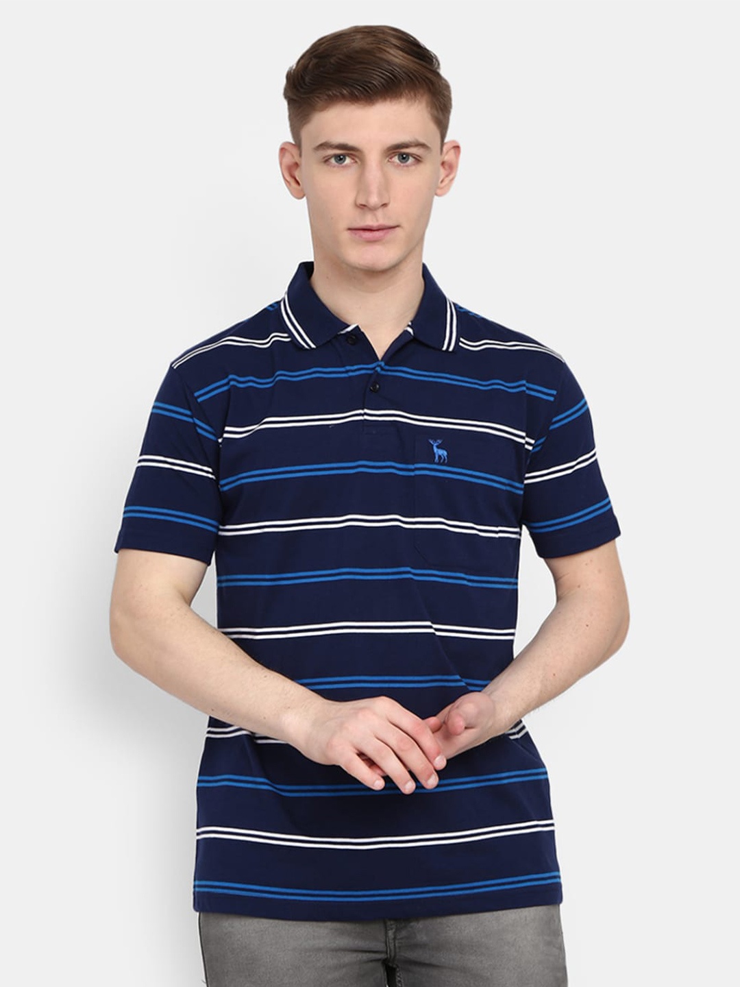 

V-Mart Men Blue Striped Polo Collar Cotton T-shirt