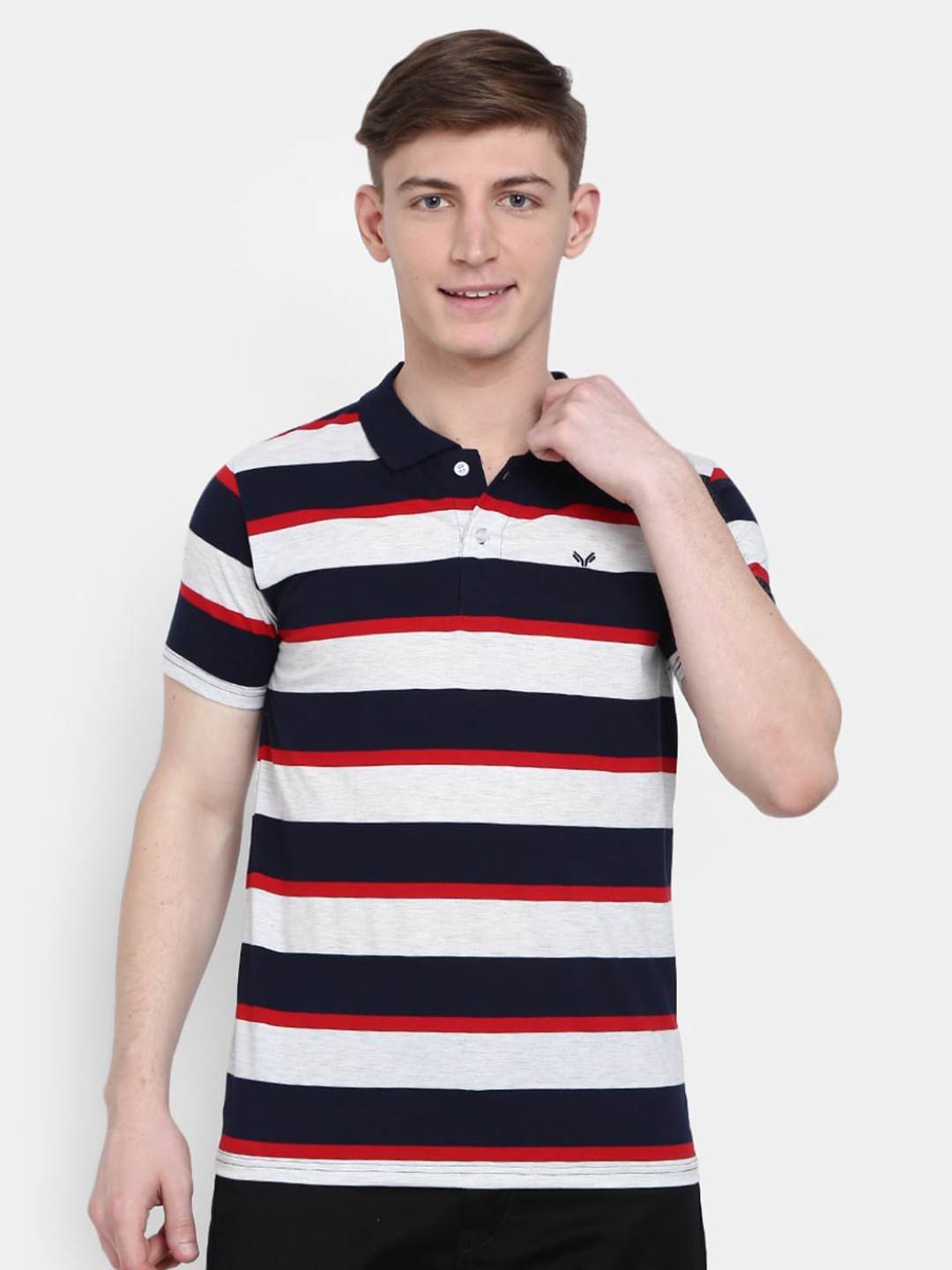 

V-Mart Men Navy Blue Striped Polo Collar T-shirt
