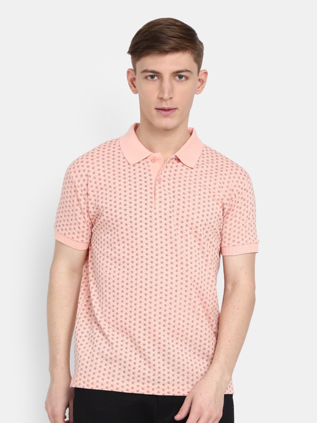 

V-Mart Men Peach-Coloured Floral Printed Polo Collar T-shirt
