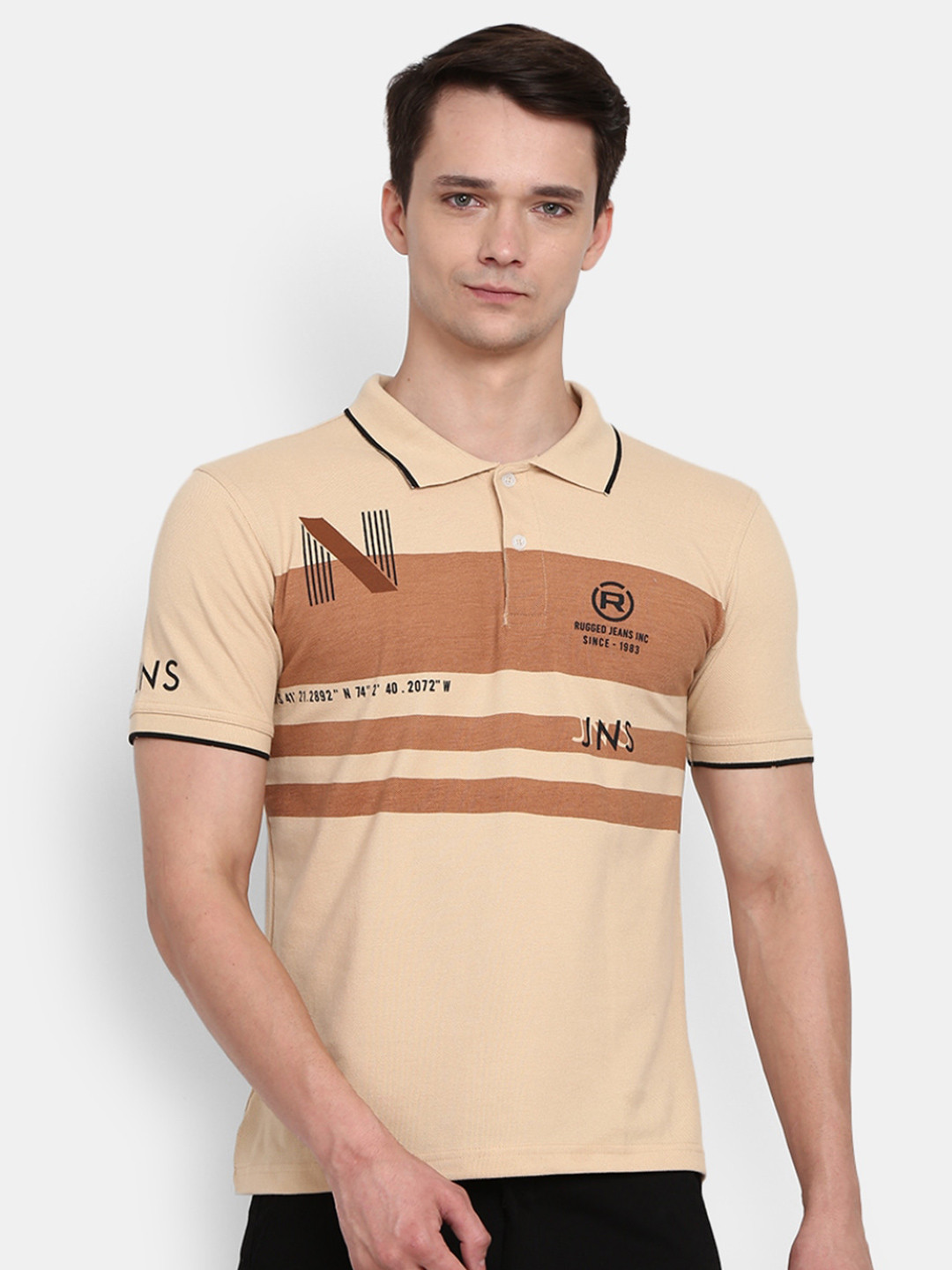 

V-Mart Men Beige Striped Polo Collar Cotton T-shirt