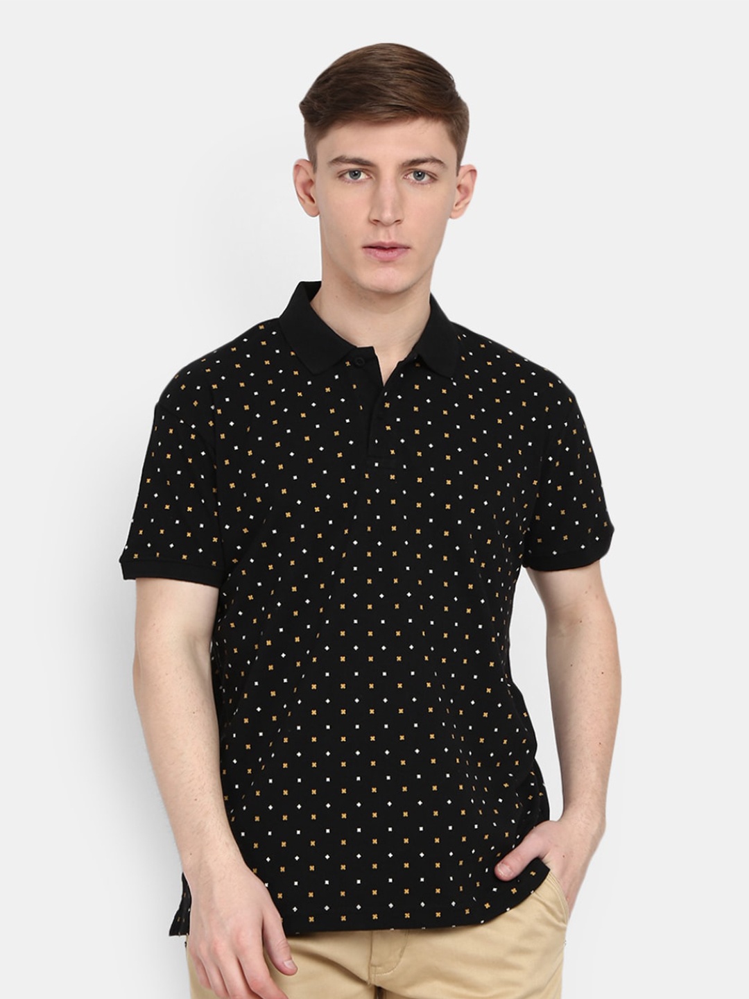 

V-Mart Men Black Printed Polo Collar Cotton T-shirt