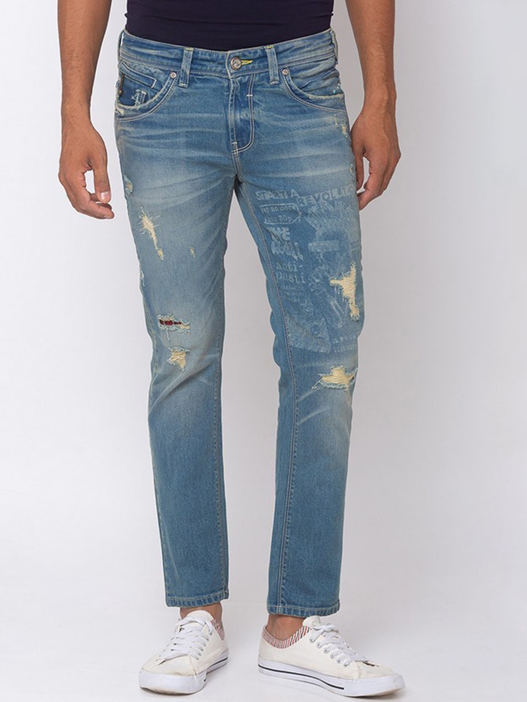 

SPYKAR Men Blue Kano Slim Fit Mildly Distressed Light Fade Cropped Jeans