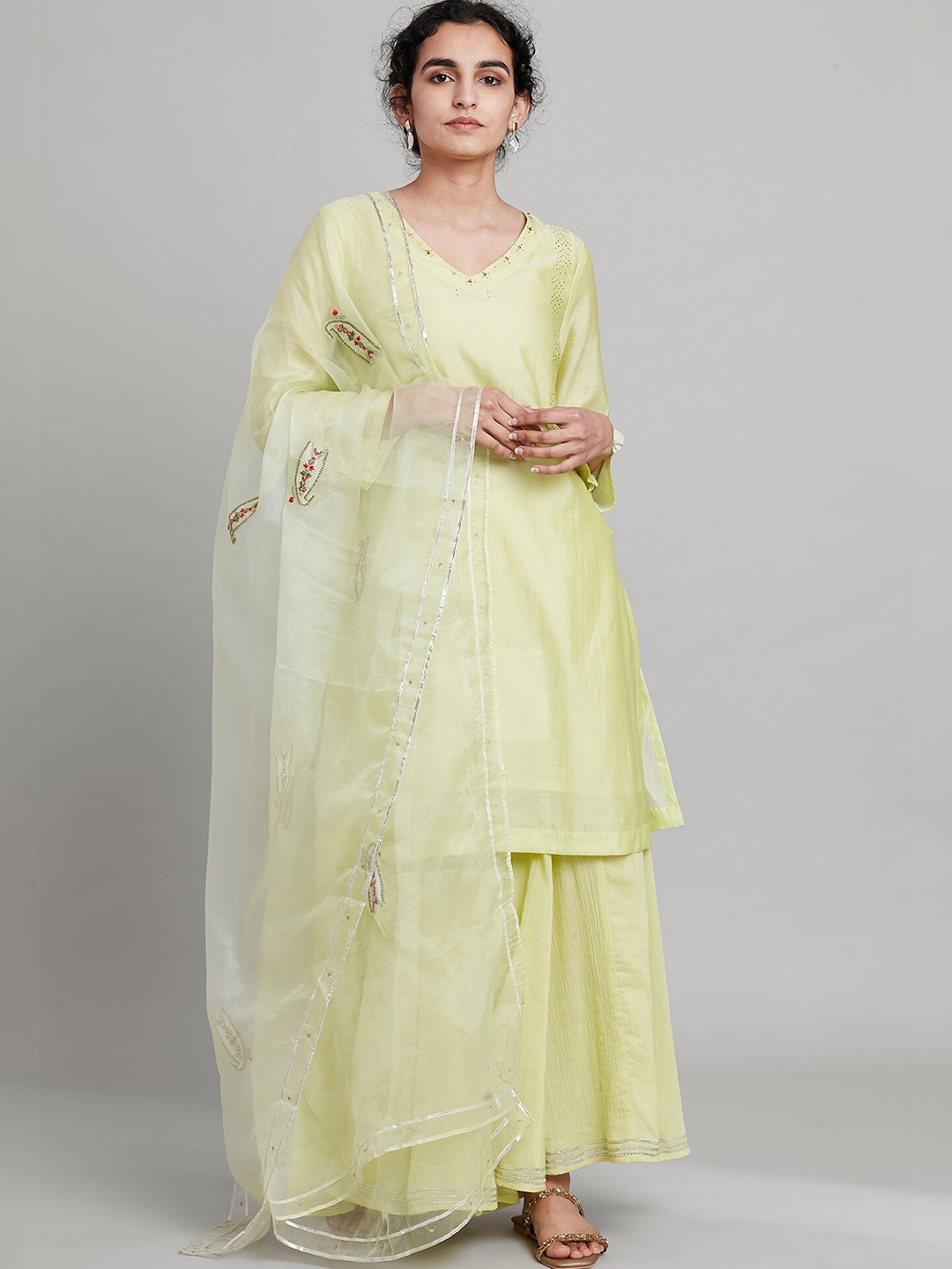 

W The Folksong Collection Women Yellow Pure Silk Kurta with Sharara & With Dupatta