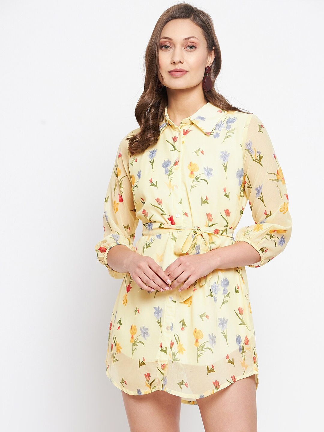 

Bitterlime Yellow Floral Shirt Mini Dress