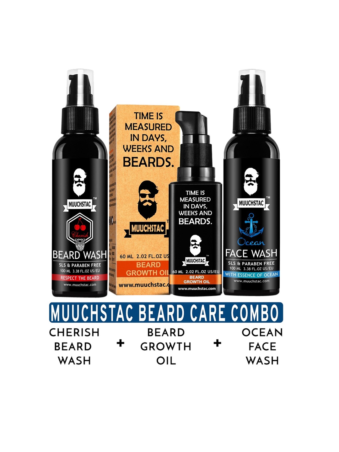 

MUUCHSTAC Set of Cherish Beard Wash + Ocean Face Wash + Beard Growth Oil, Black