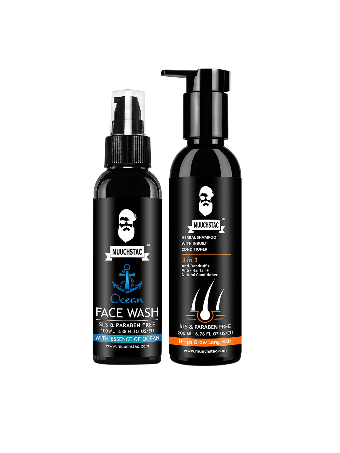 

MUUCHSTAC Combo of 3-In-1 Herbal Shampoo 200ml & Ocean Face Wash 100ml, Black