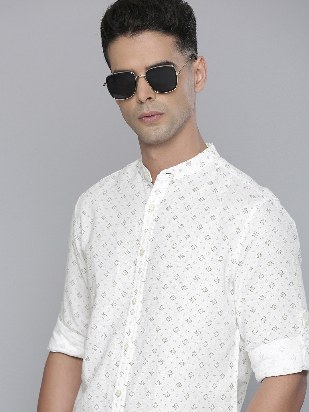 

Flying Machine Men White Slim Fit Geometric Opaque Printed Cotton Linen Casual Shirt