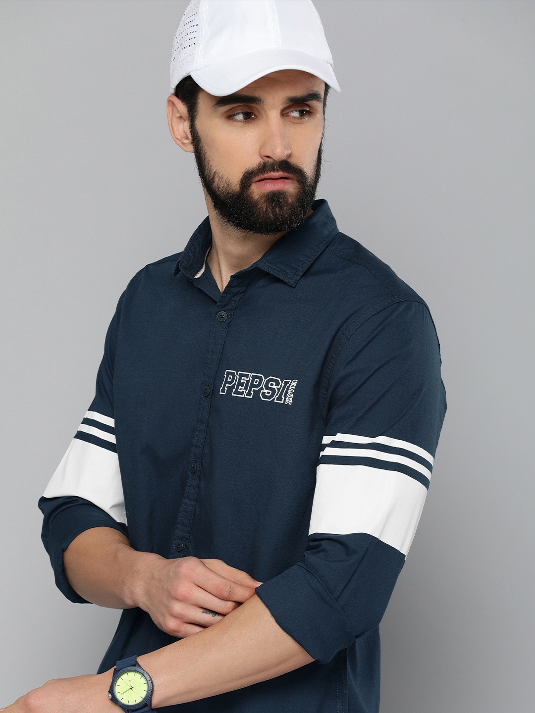 

Flying Machine Men Navy Blue Slim Fit Printed Contrast Sleeves Pure Cotton Casual Shirt