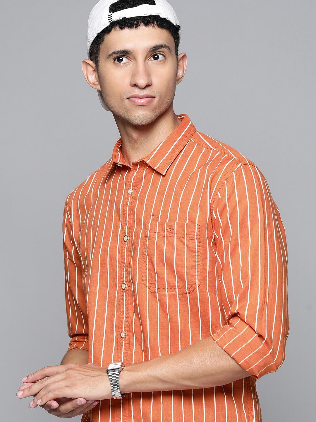 

Flying Machine Men Orange Striped Slim Fit Pure Cotton Casual Shirt