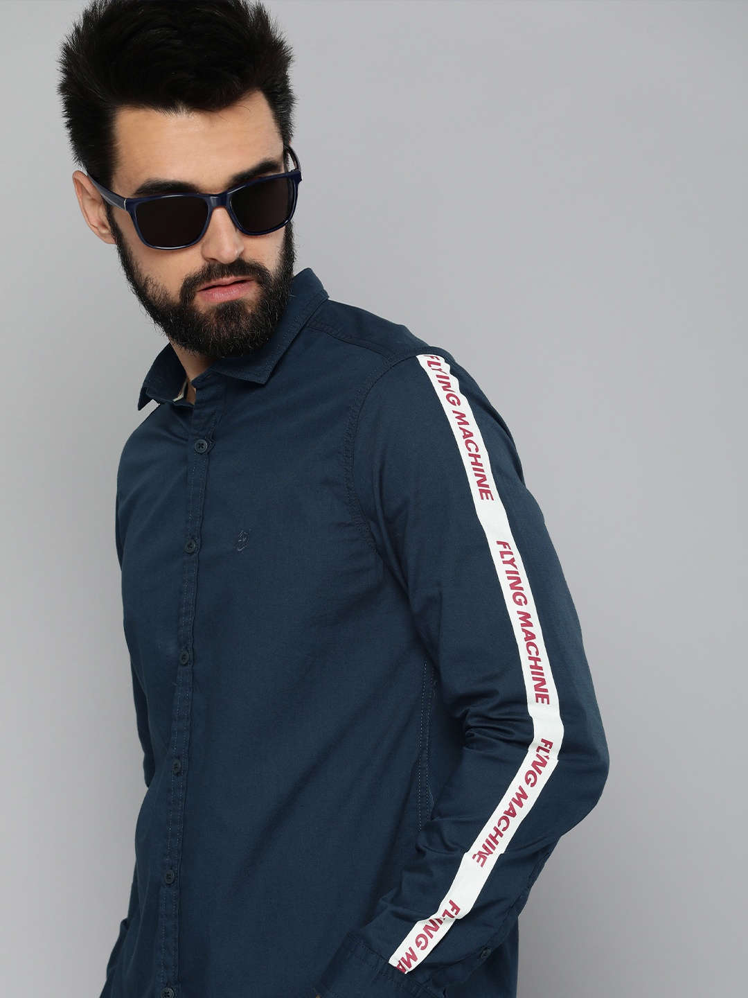 

Flying Machine Men Navy Blue Side Printed Slim Fit Pure Cotton Casual Shirt