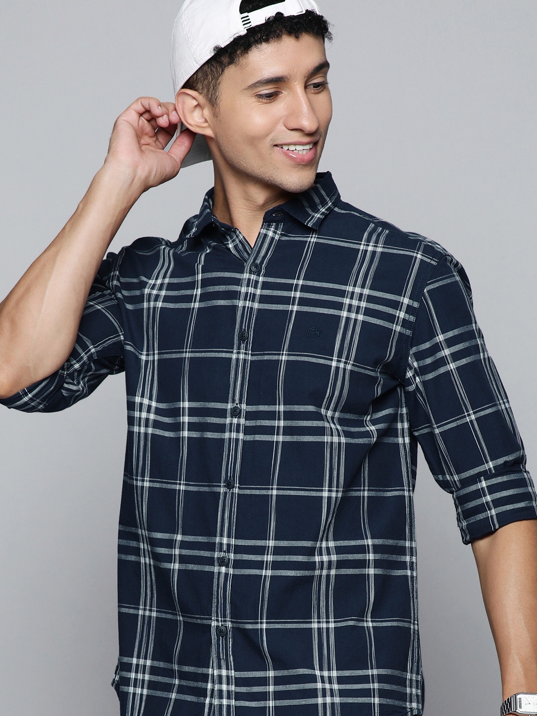 

Flying Machine Men Navy Blue Slim Fit Checked Pure Cotton Casual Shirt