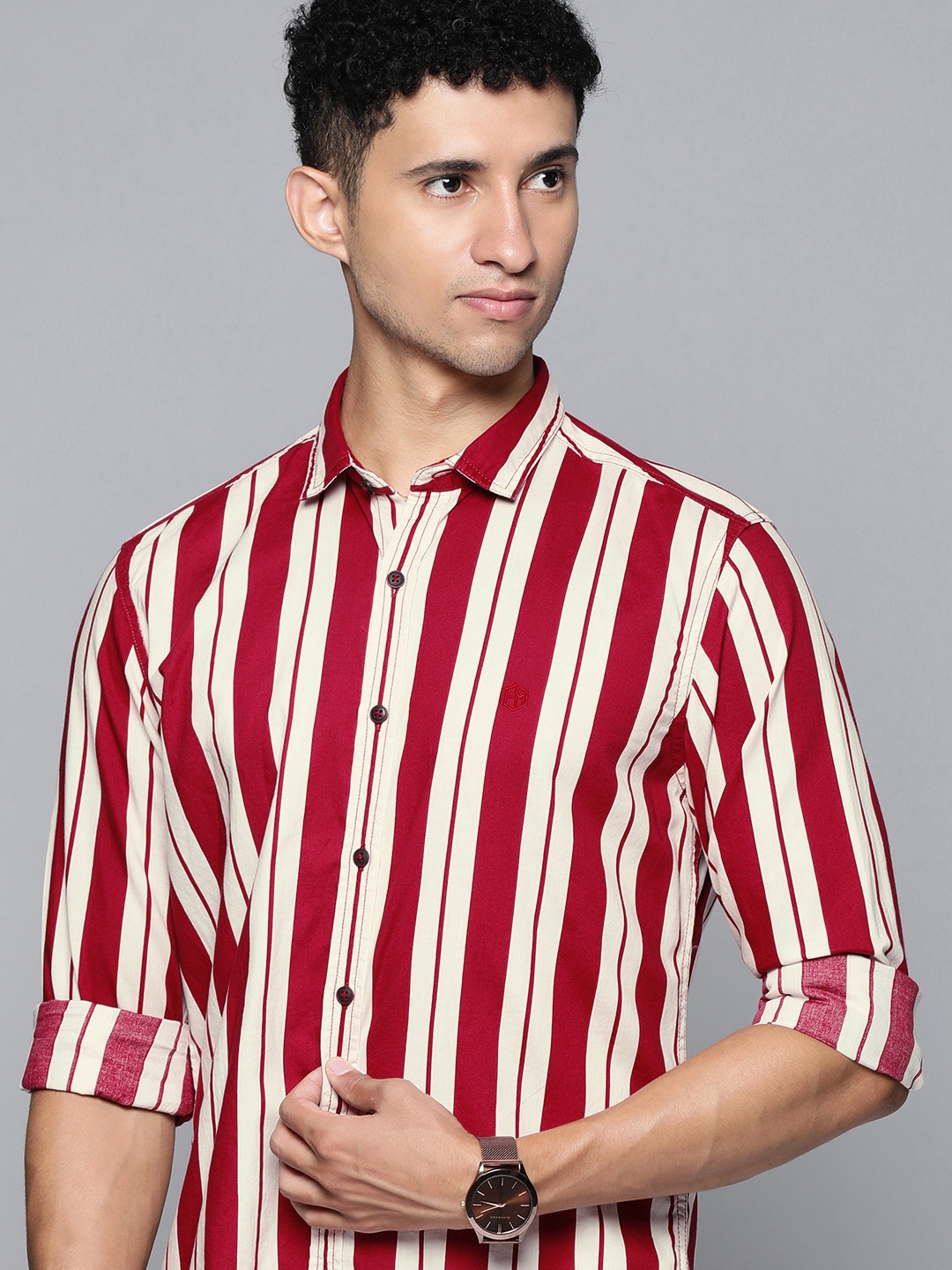 

Flying Machine Men Red & White Slim Fit Striped Casual Pure Cotton Shirt