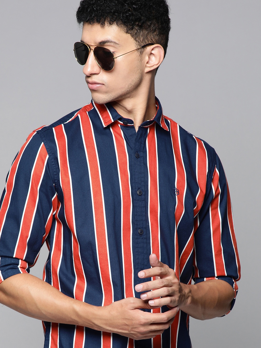

Flying Machine Men Navy Blue Slim Fit Striped Pure Cotton Casual Shirt