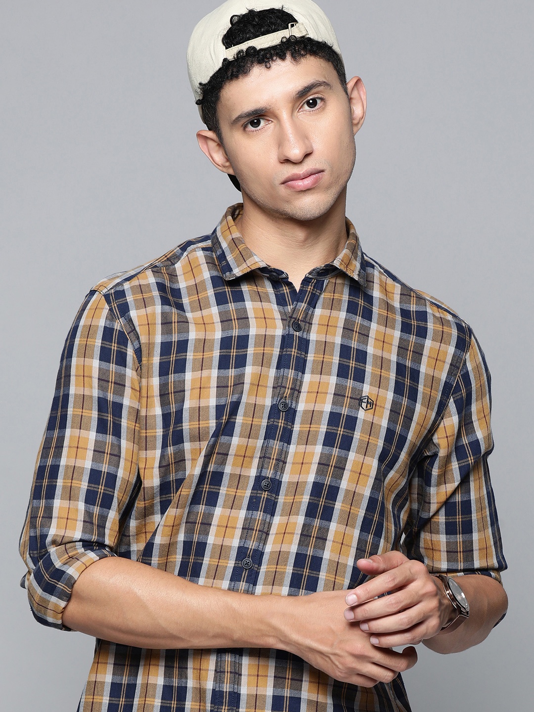

Flying Machine Men Mustard Yellow & Navy Blue Slim Fit Checked Pure Cotton Casual Shirt
