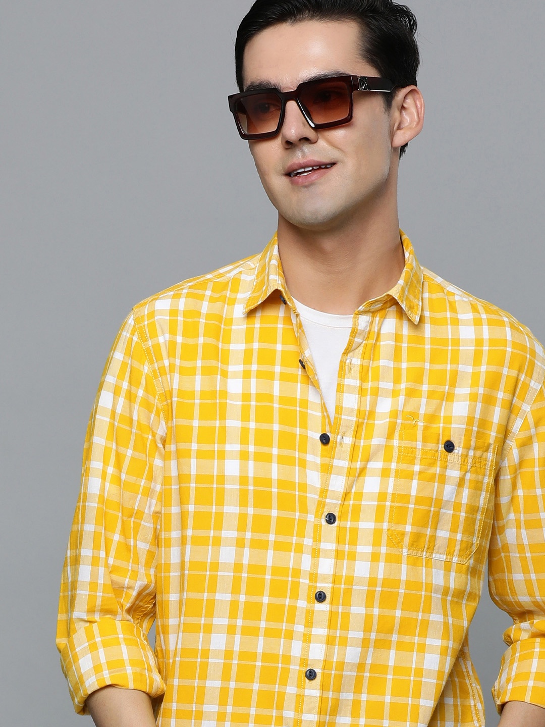 

Flying Machine Men Yellow Slim Fit Checked Pure Cotton Casual Shirt